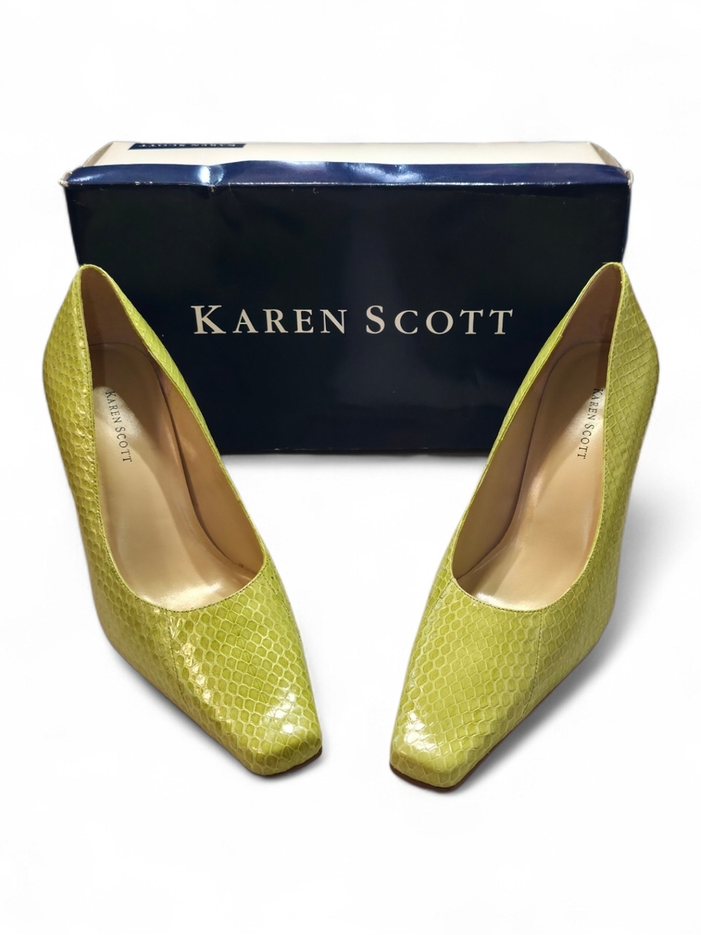 Karen Scott Neon Lime Faux-Snakeskin Square Toe Pumps